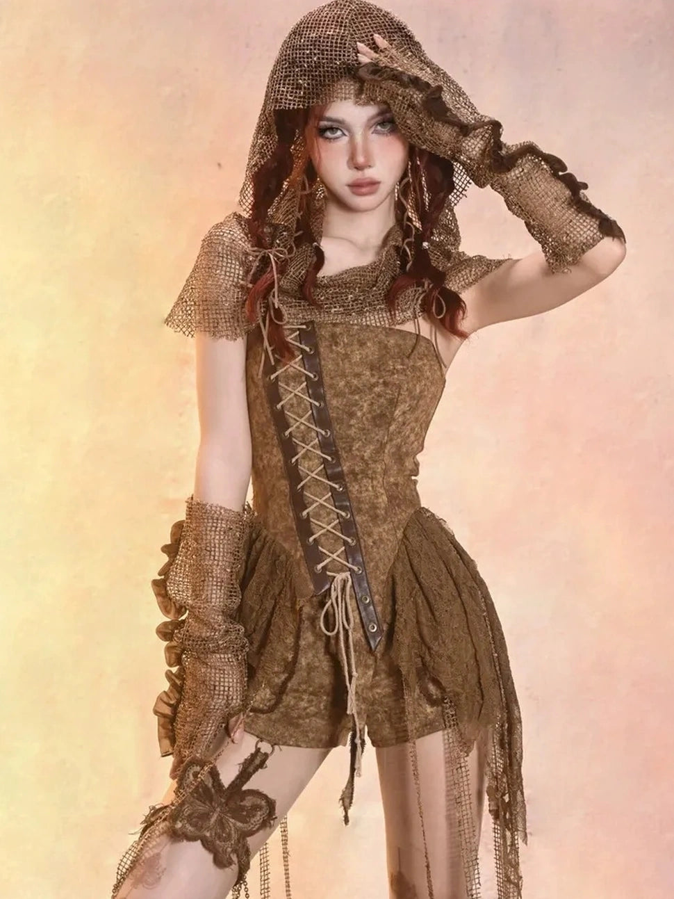 Virtual Orbit Asymmetric Distressed Denim Bustier Top