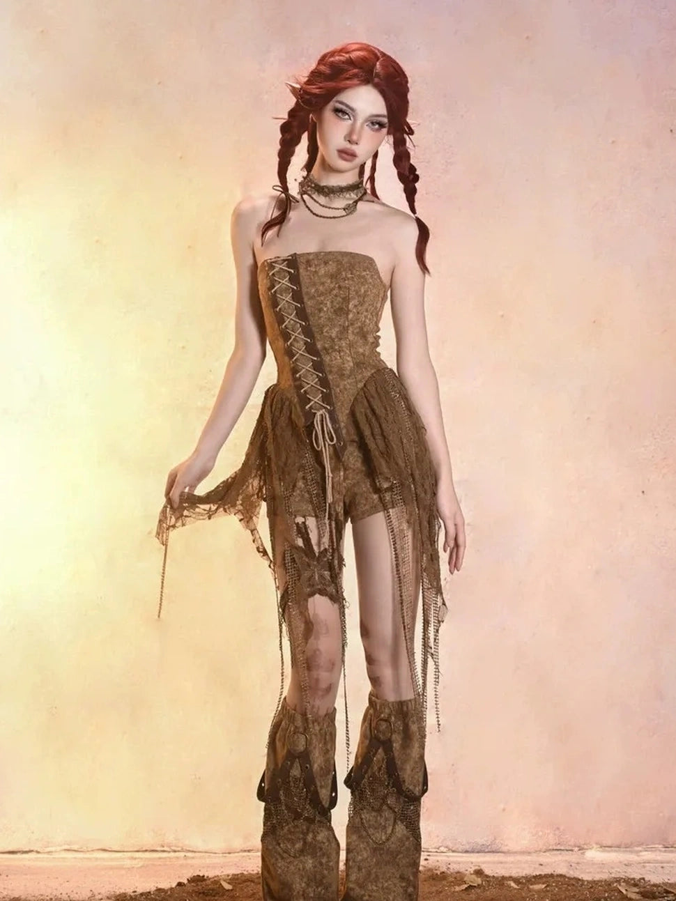 Virtual Orbit Asymmetric Distressed Denim Bustier Top