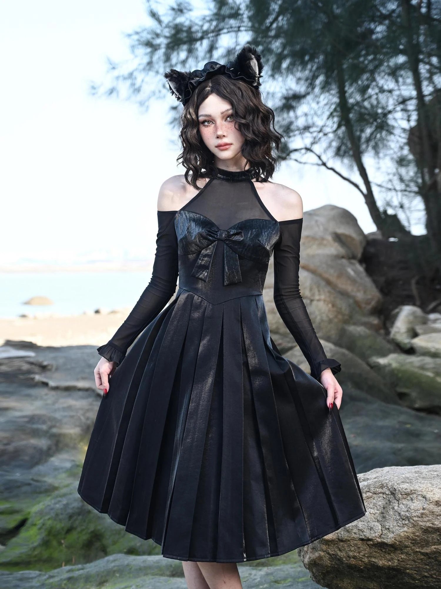 Virtual Orbit Black And White Audrey Halter Neck Leather Mini Dress