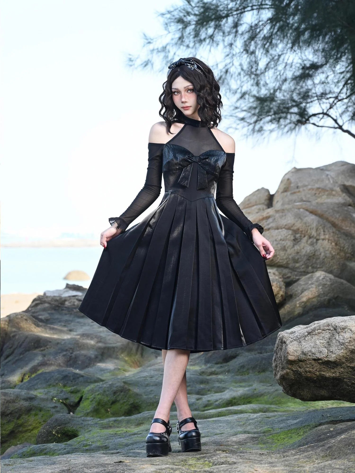 Virtual Orbit Black And White Audrey Halter Neck Leather Mini Dress