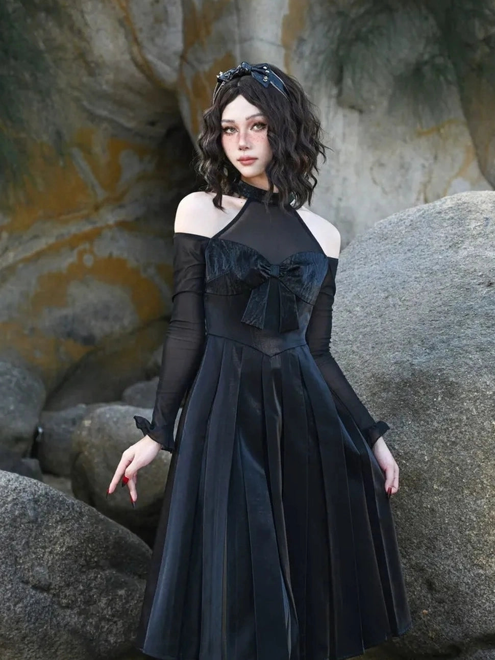 Virtual Orbit Black And White Audrey Halter Neck Leather Mini Dress