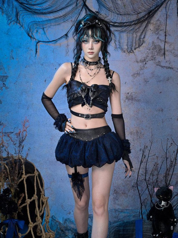 Virtual Orbit Black Blue Grunge Bow Ruffle Slim Fit Cropped Women&