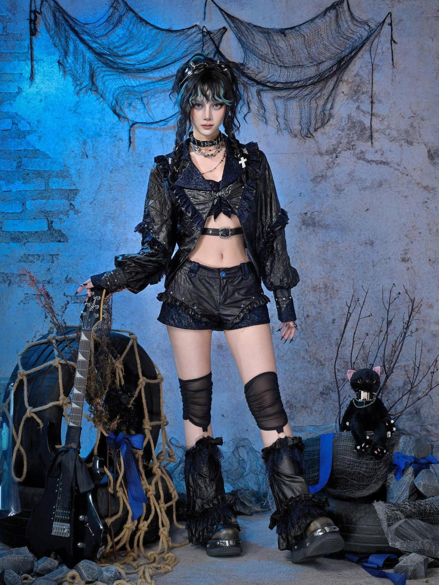 Virtual Orbit Black Blue Pleated Glitter Bow Pu Leather Punk Women&