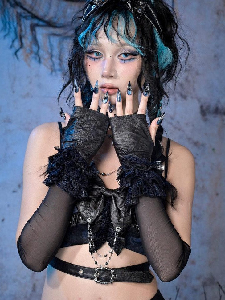 Virtual Orbit Black Blue Punk Ruffle Glitter Lace Mesh Women&