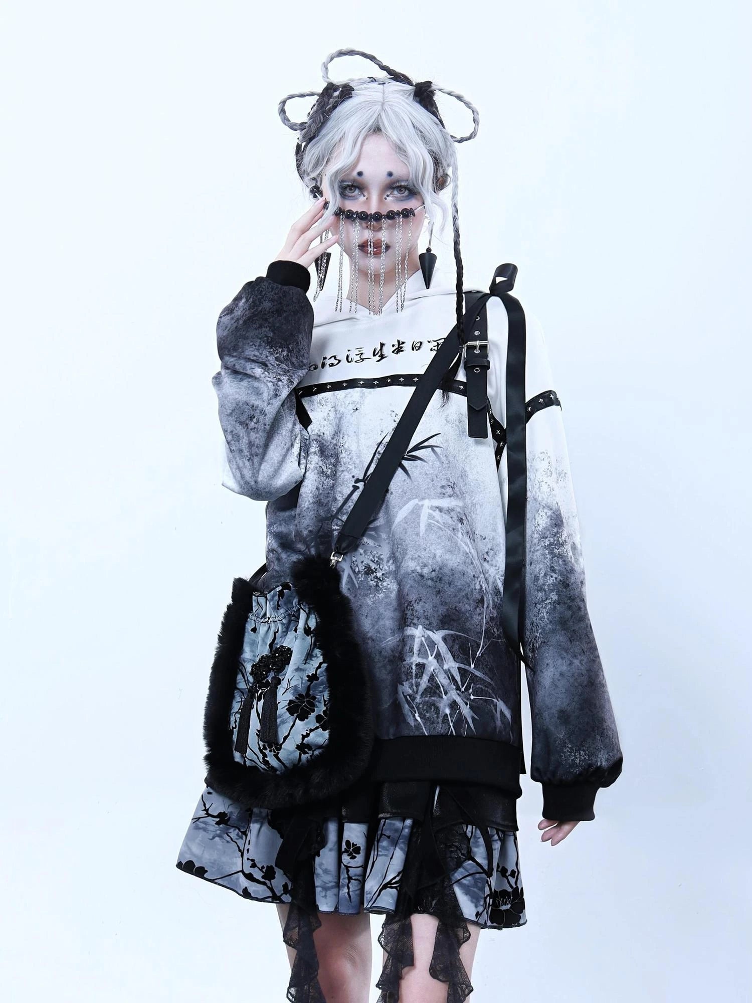 Virtual Orbit Chinese Ink Bamboo Embroidered Hoodie With Detachable Leather Buckle