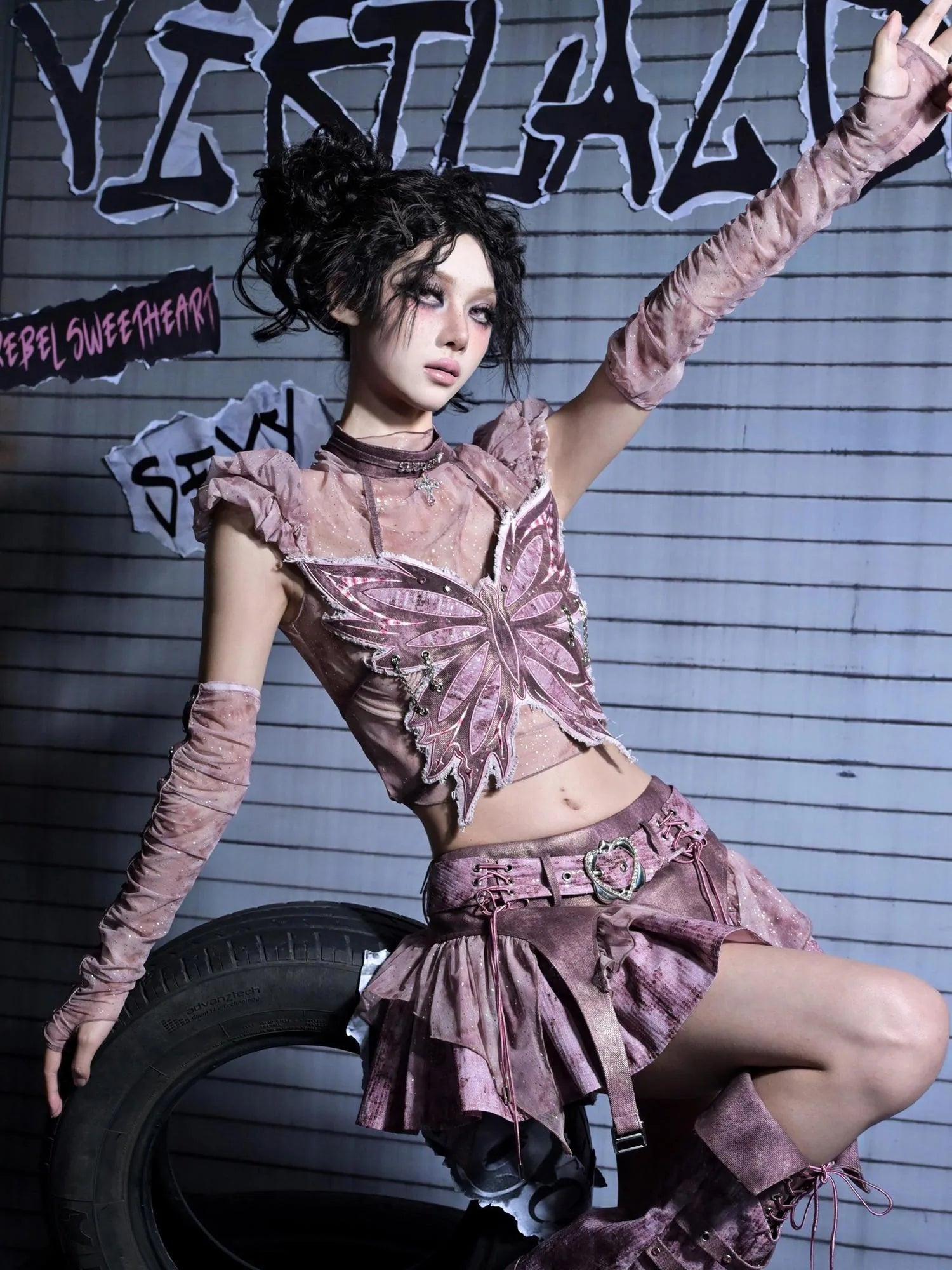 Virtual Orbit Corroded Butterfly Cage Y2k Punk Bustier Set