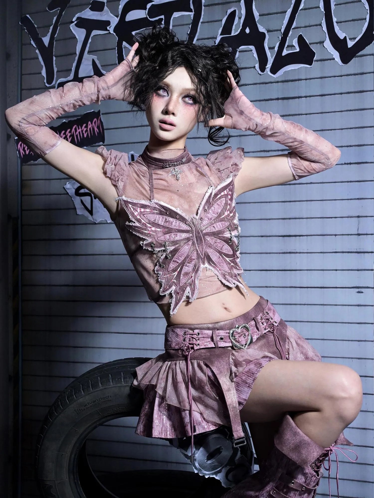 Virtual Orbit Corroded Butterfly Cage Y2k Punk Bustier Set