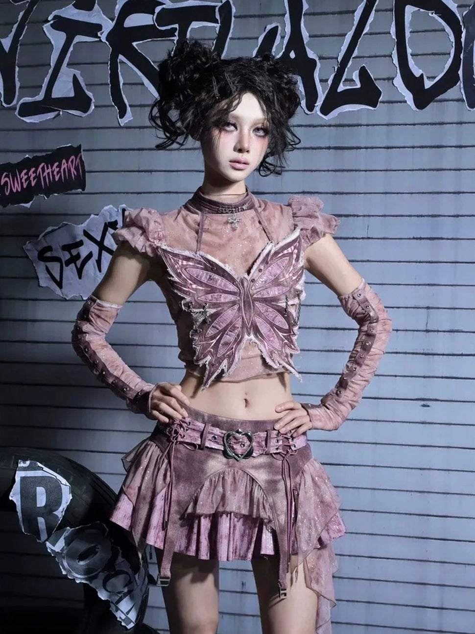 Virtual Orbit Corroded Butterfly Cage Y2k Punk Bustier Set