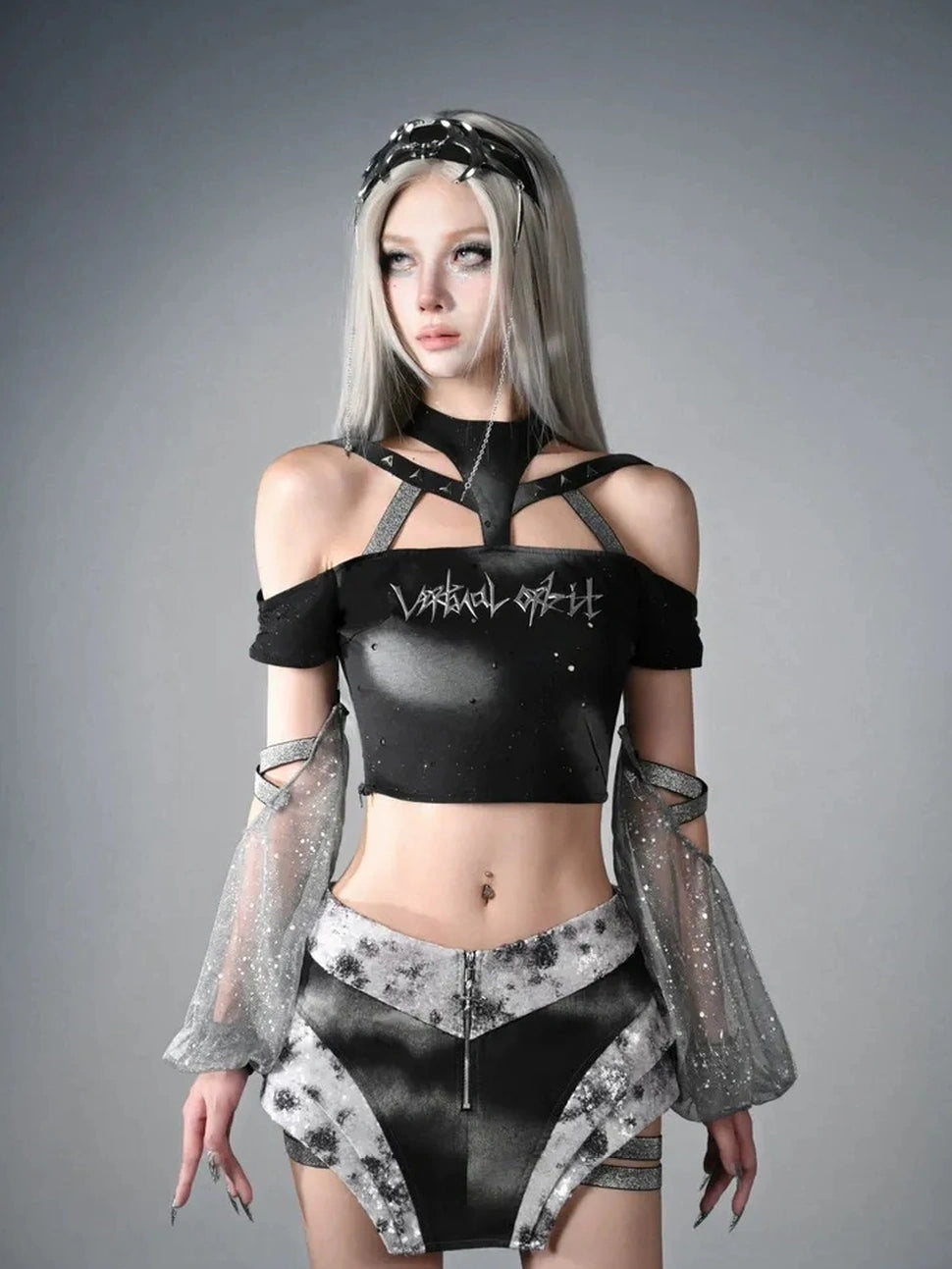 Virtual Orbit Data Ghost Y3k Two Way Sleeve Halter Top