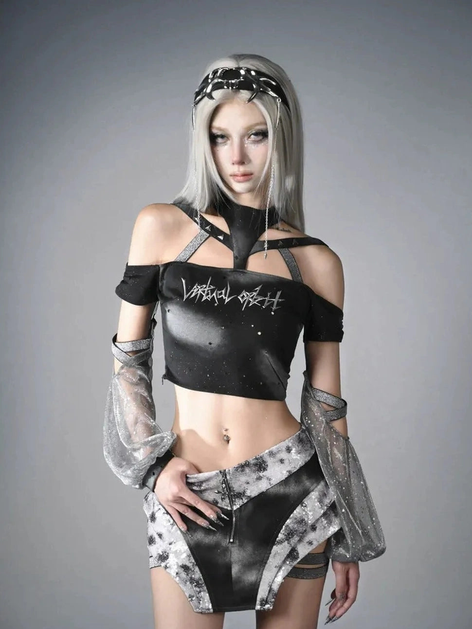 Virtual Orbit Data Ghost Y3k Two Way Sleeve Halter Top