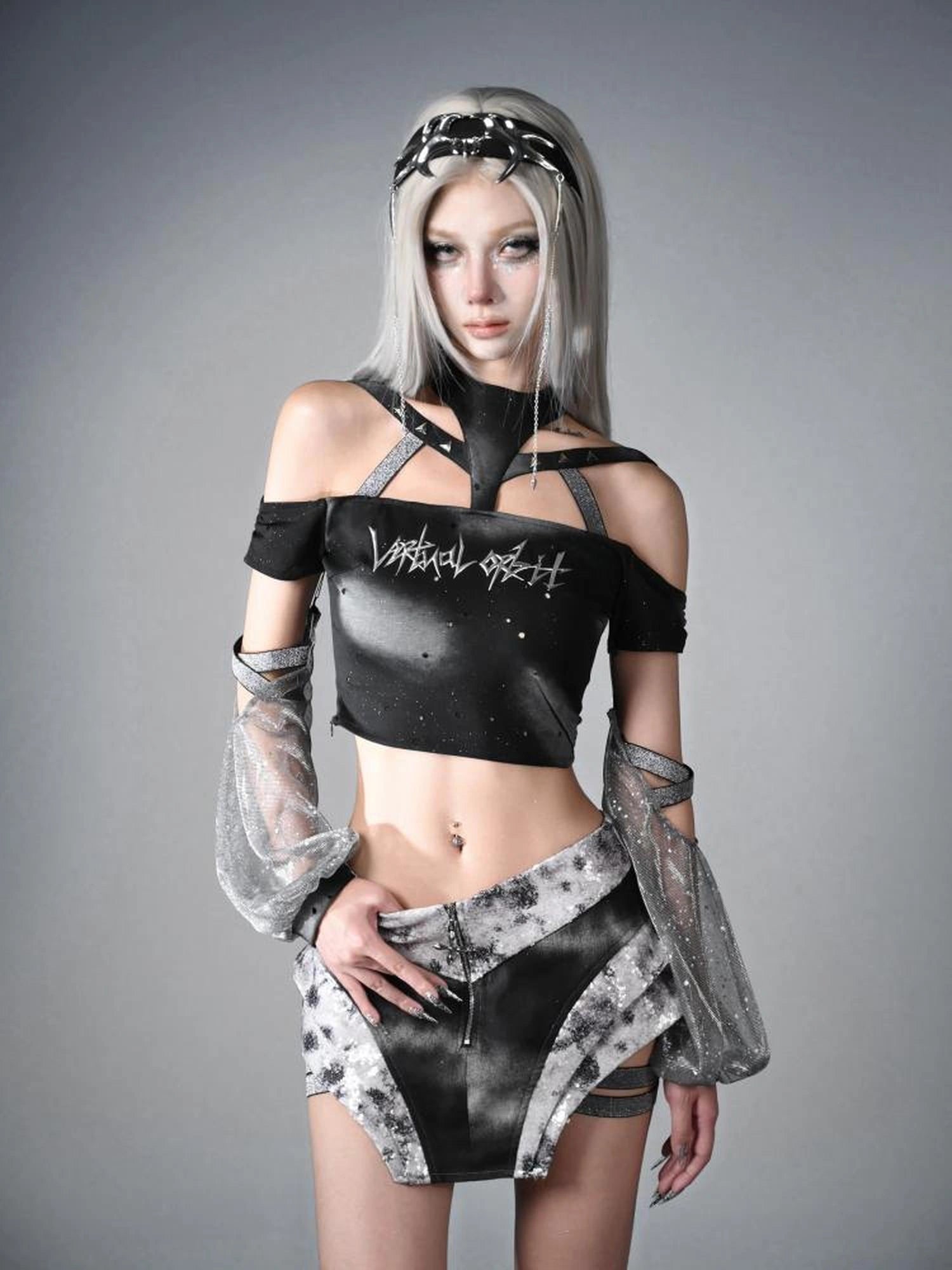 Virtual Orbit Data Ghost Y3k Two Way Sleeve Halter Top