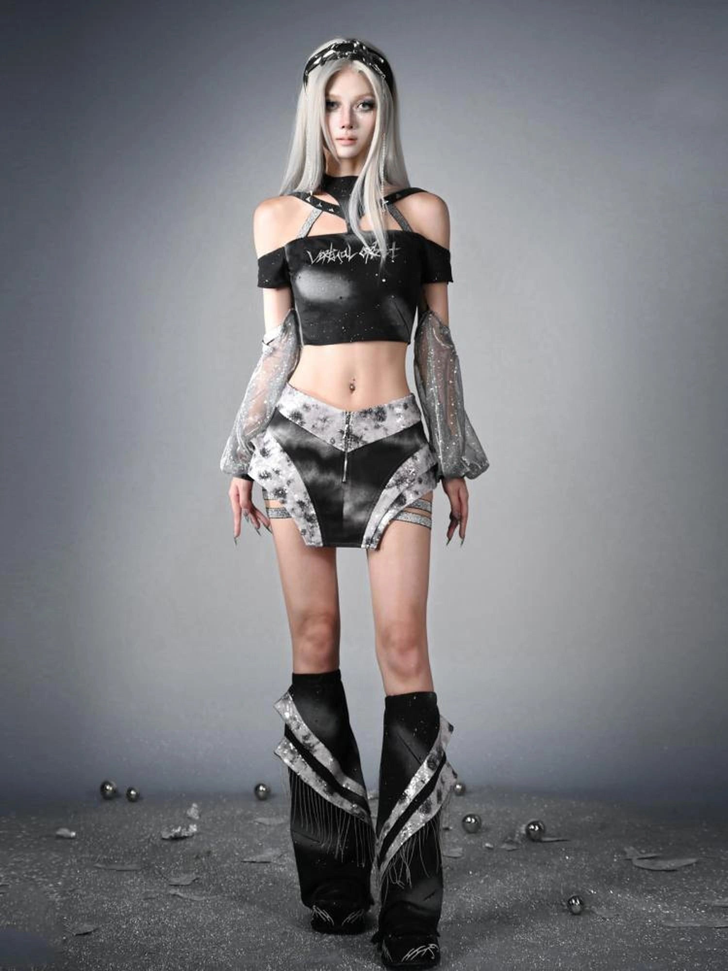 Virtual Orbit Data Ghost Y3k Two Way Sleeve Halter Top