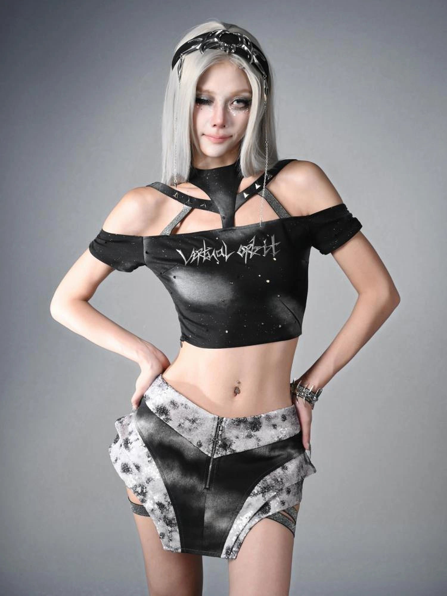 Virtual Orbit Data Ghost Y3k Two Way Sleeve Halter Top