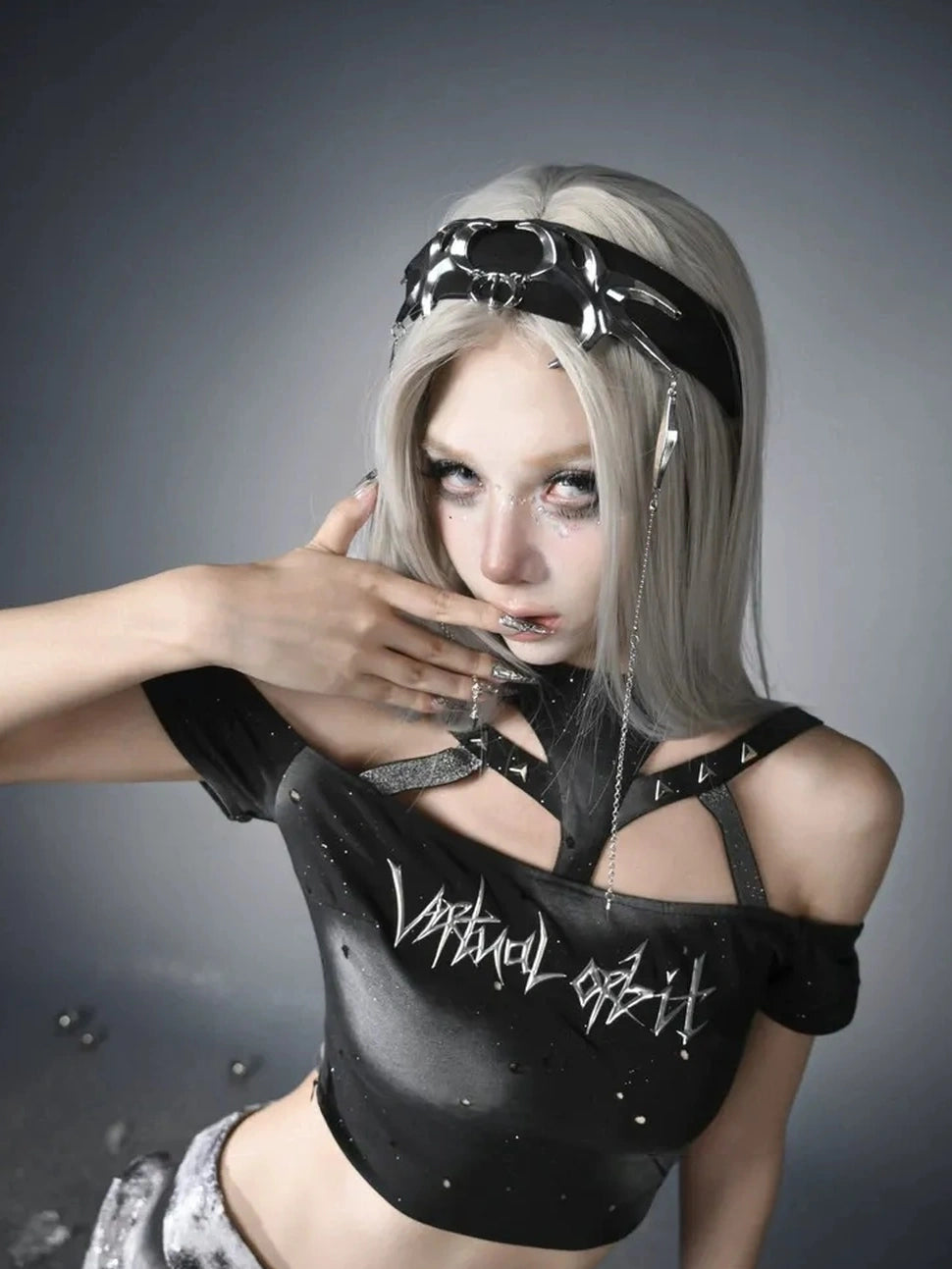 Virtual Orbit Data Ghost Y3k Two Way Sleeve Halter Top