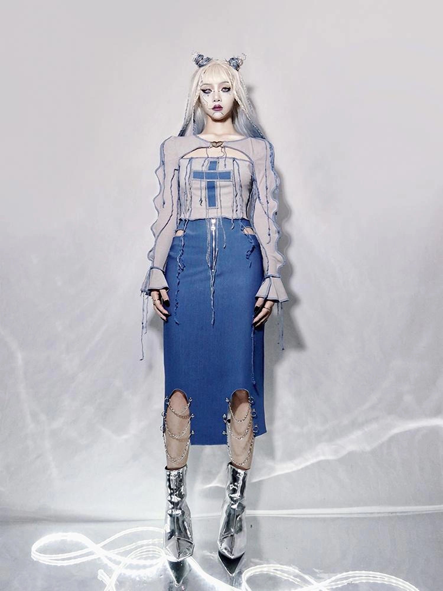 Virtual Orbit Deconstructed Cross Fringe Ribbed Knit Top