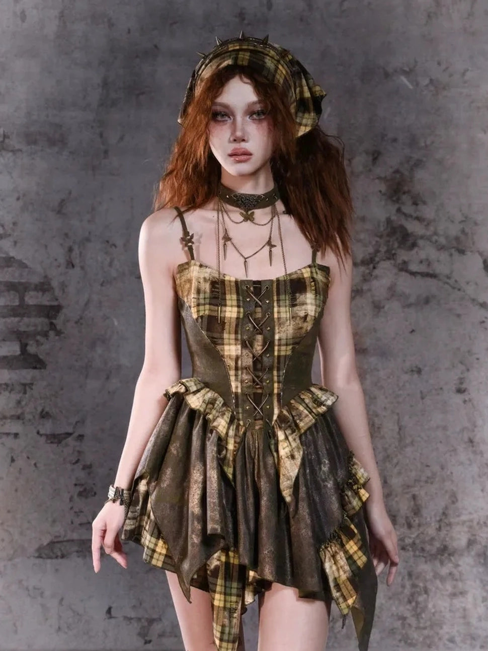 Virtual Orbit Disordered Boundary Asymmetric Plaid Mini Dress