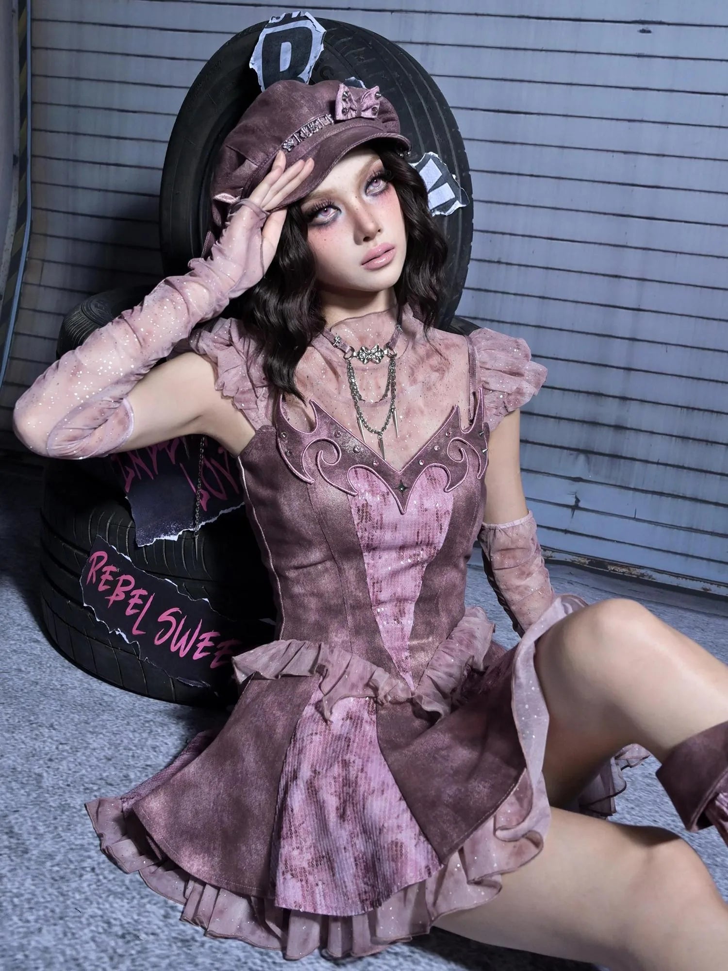 Virtual Orbit Eroded Heart Butterfly Punk Denim Mini Dress V-neck Long Sleeve