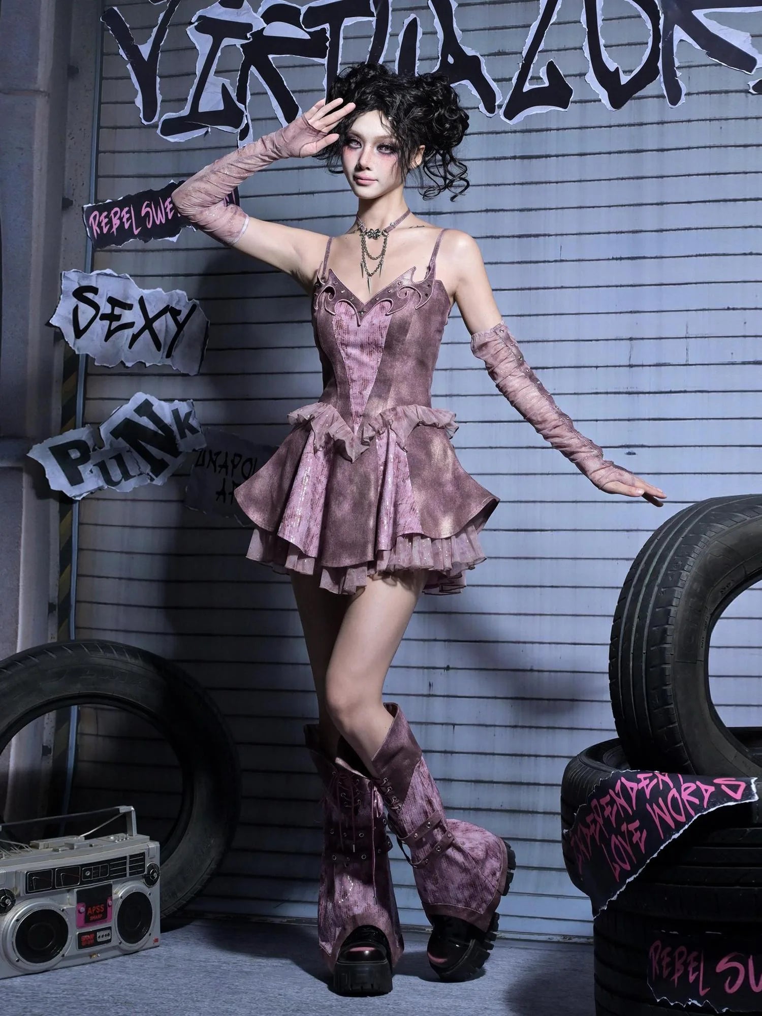 Virtual Orbit Eroded Heart Butterfly Punk Denim Mini Dress V-neck Long Sleeve