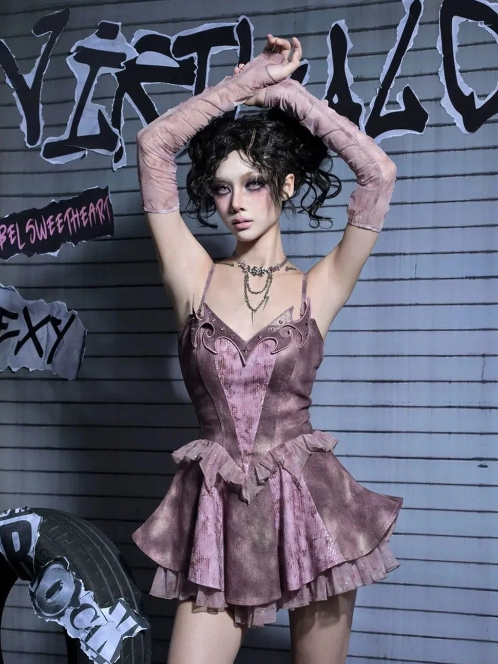 Virtual Orbit Eroded Heart Butterfly Punk Denim Mini Dress V-neck Long Sleeve