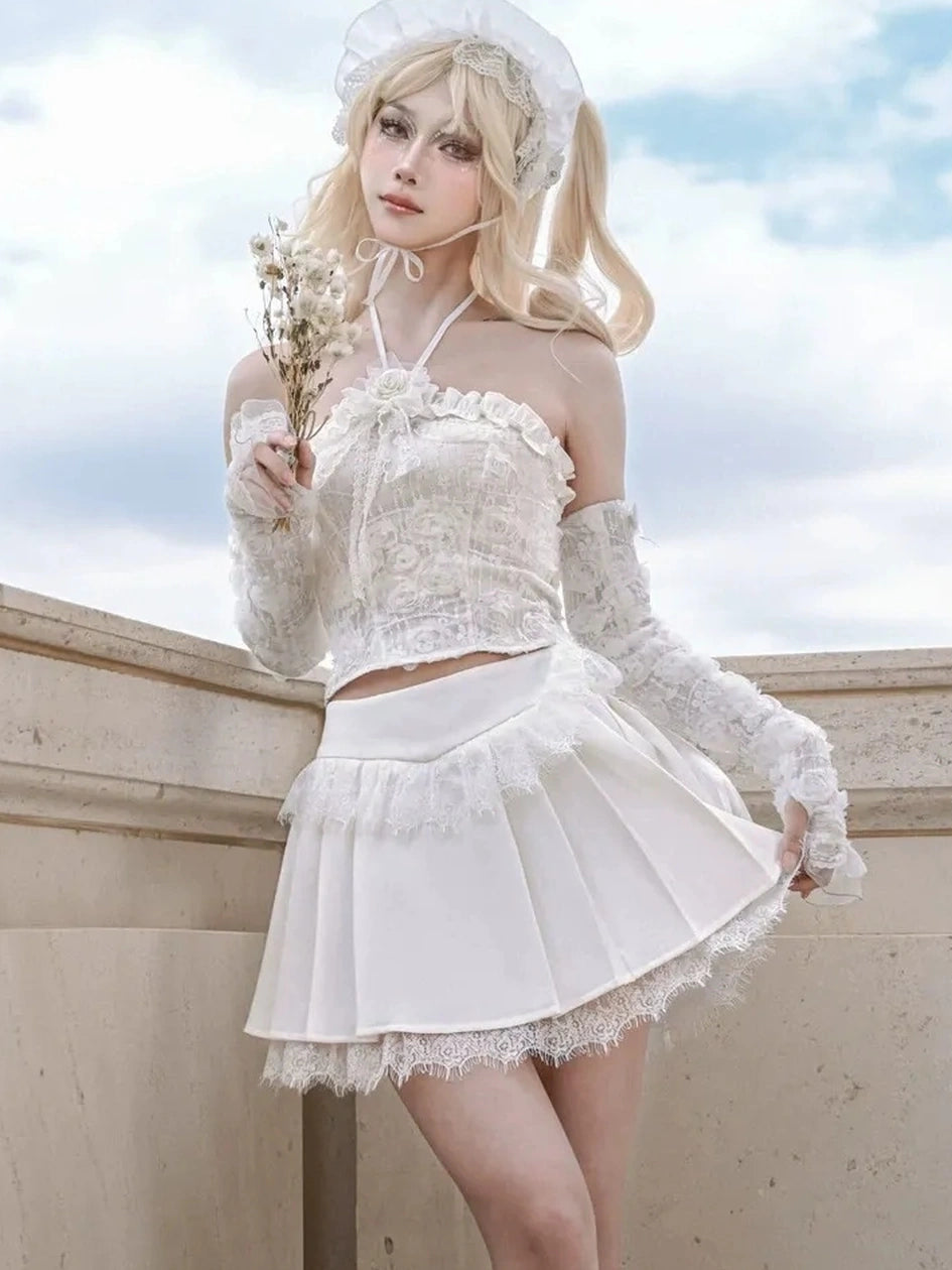 Virtual Orbit Floral Lace Camisole Pleated Skirt Set