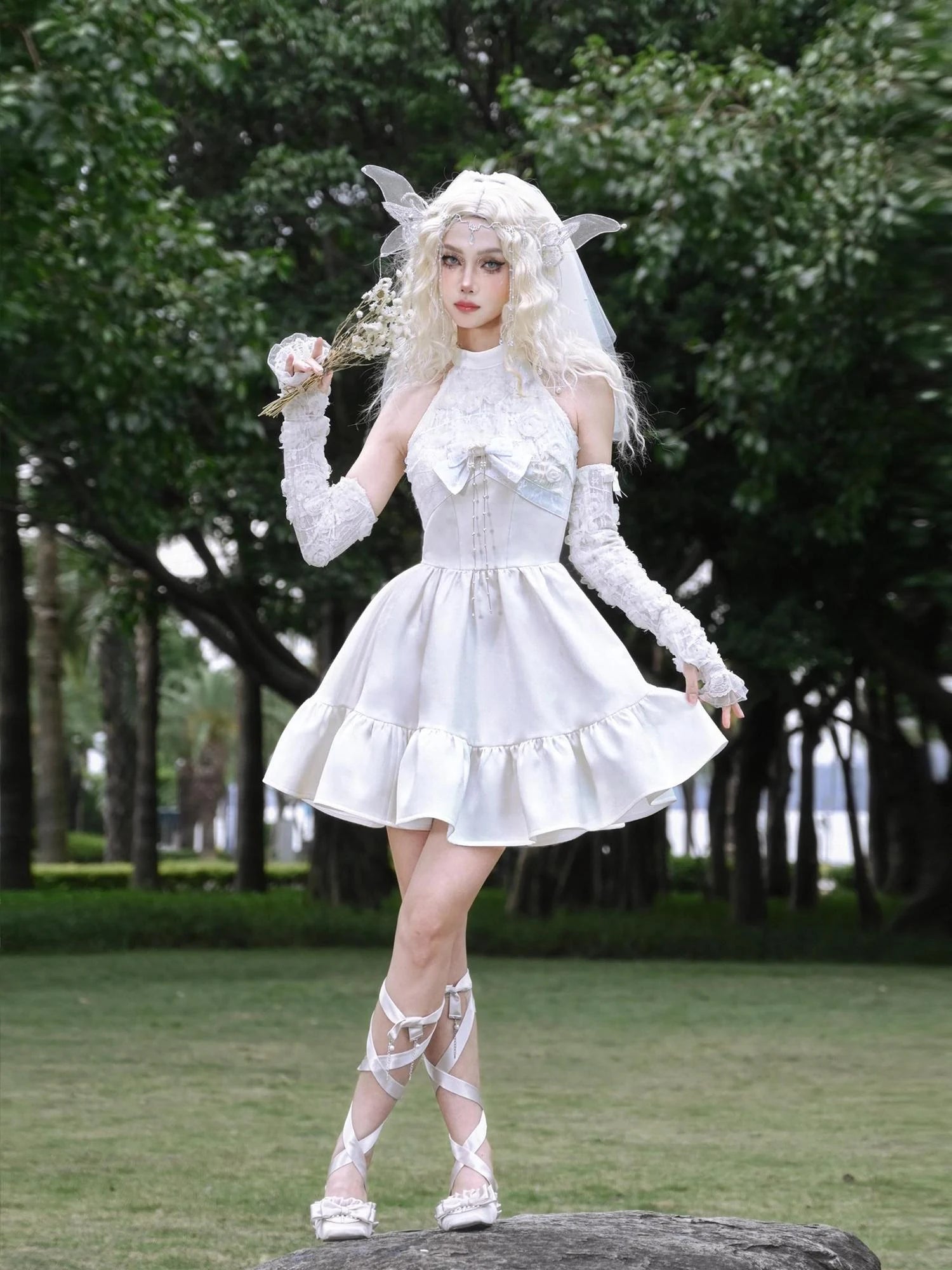 Virtual Orbit Floral Lace Halter Neck Flared Dress