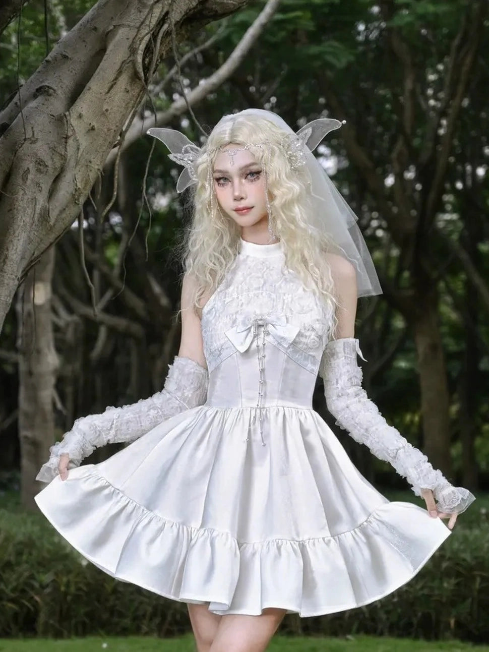 Virtual Orbit Floral Lace Halter Neck Flared Dress