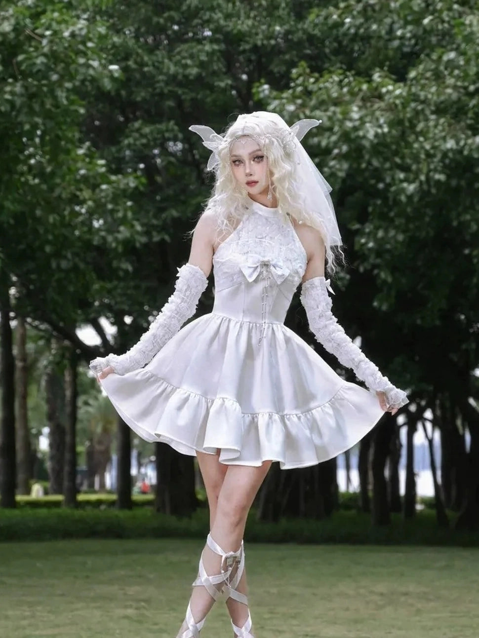 Virtual Orbit Floral Lace Halter Neck Flared Dress