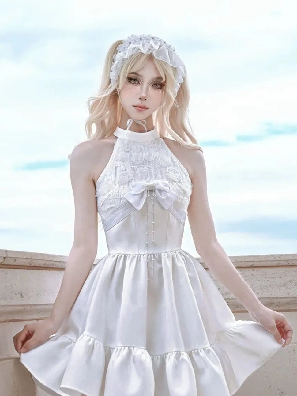 Virtual Orbit Floral Lace Halter Neck Flared Dress