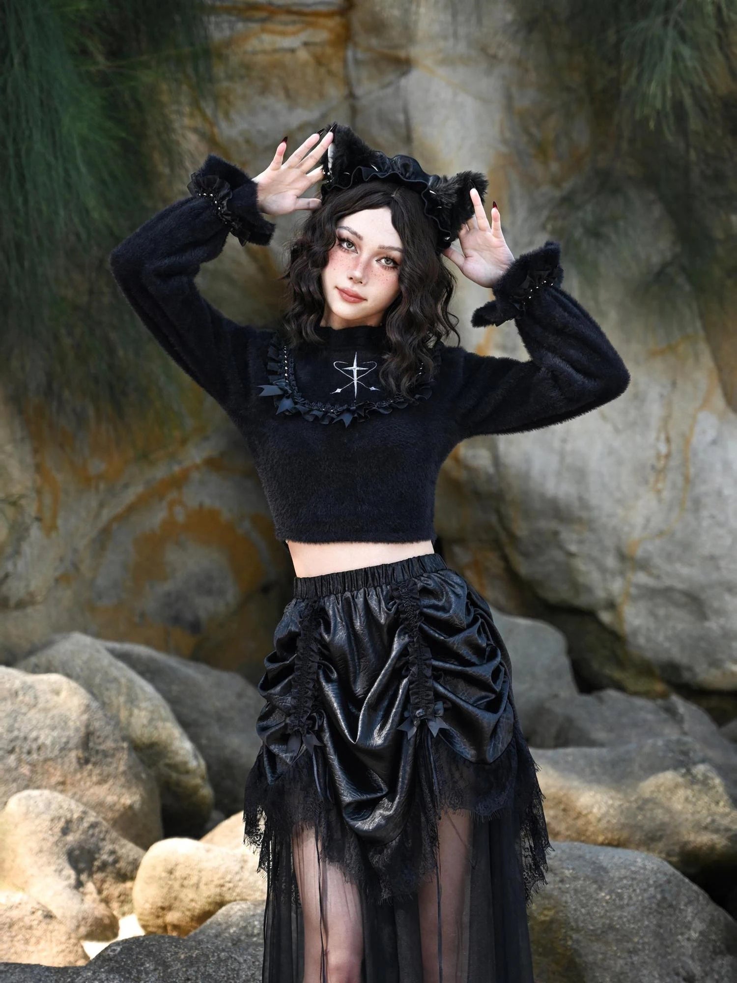 Virtual Orbit Flowy Black White Bow Lace Knit Sweater