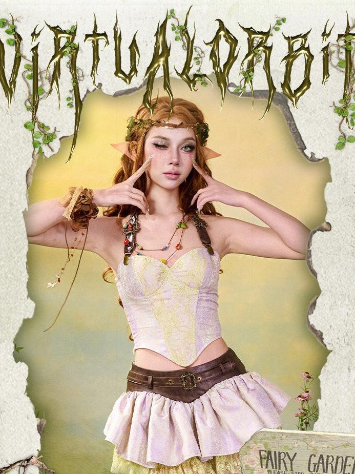 Virtual Orbit Forest Fairy Ruching Patchwork Pleated Low Waist Women&