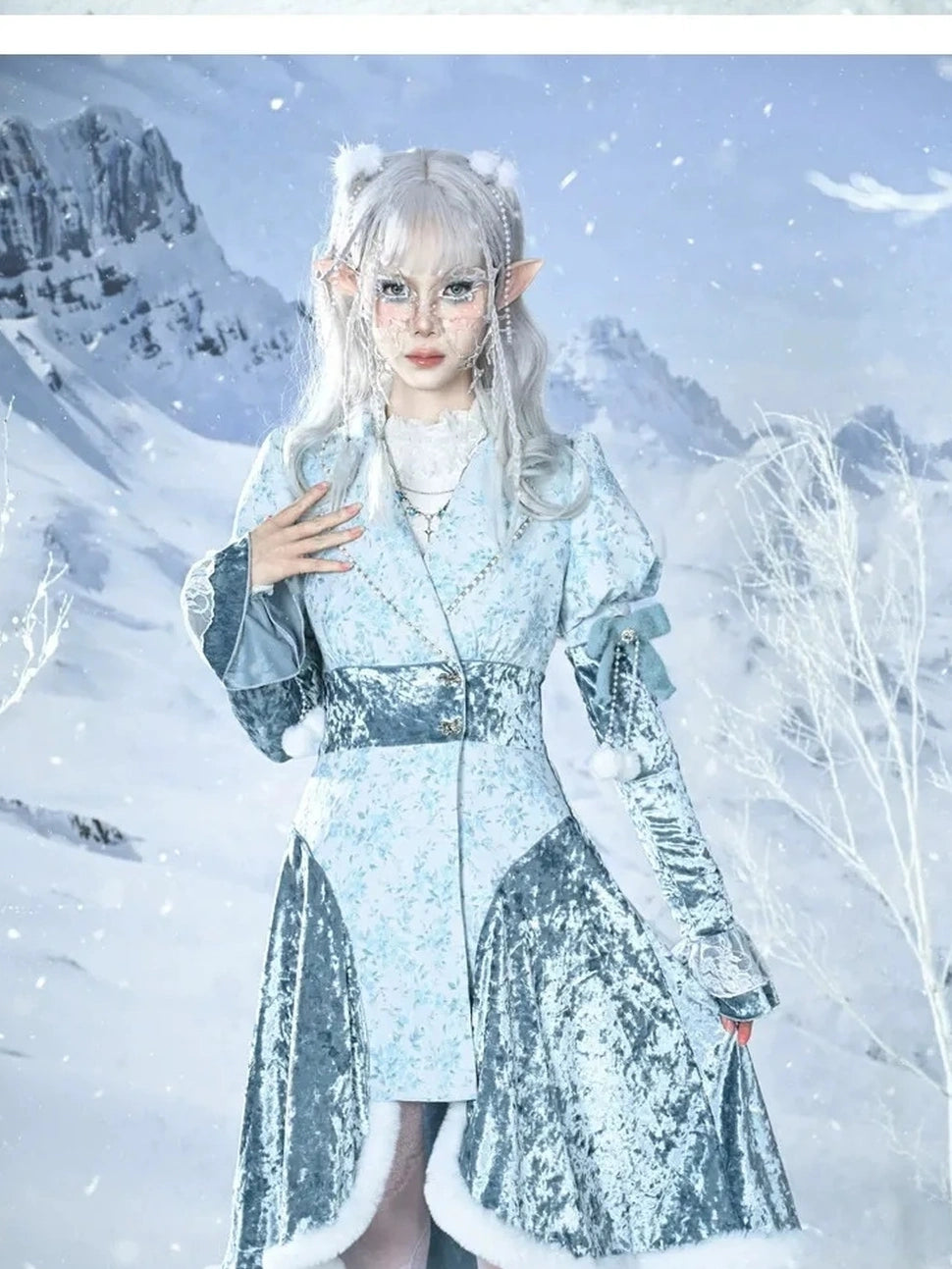 Virtual Orbit Frozen Illusion Velvet Blazer Dress With Floral Lace