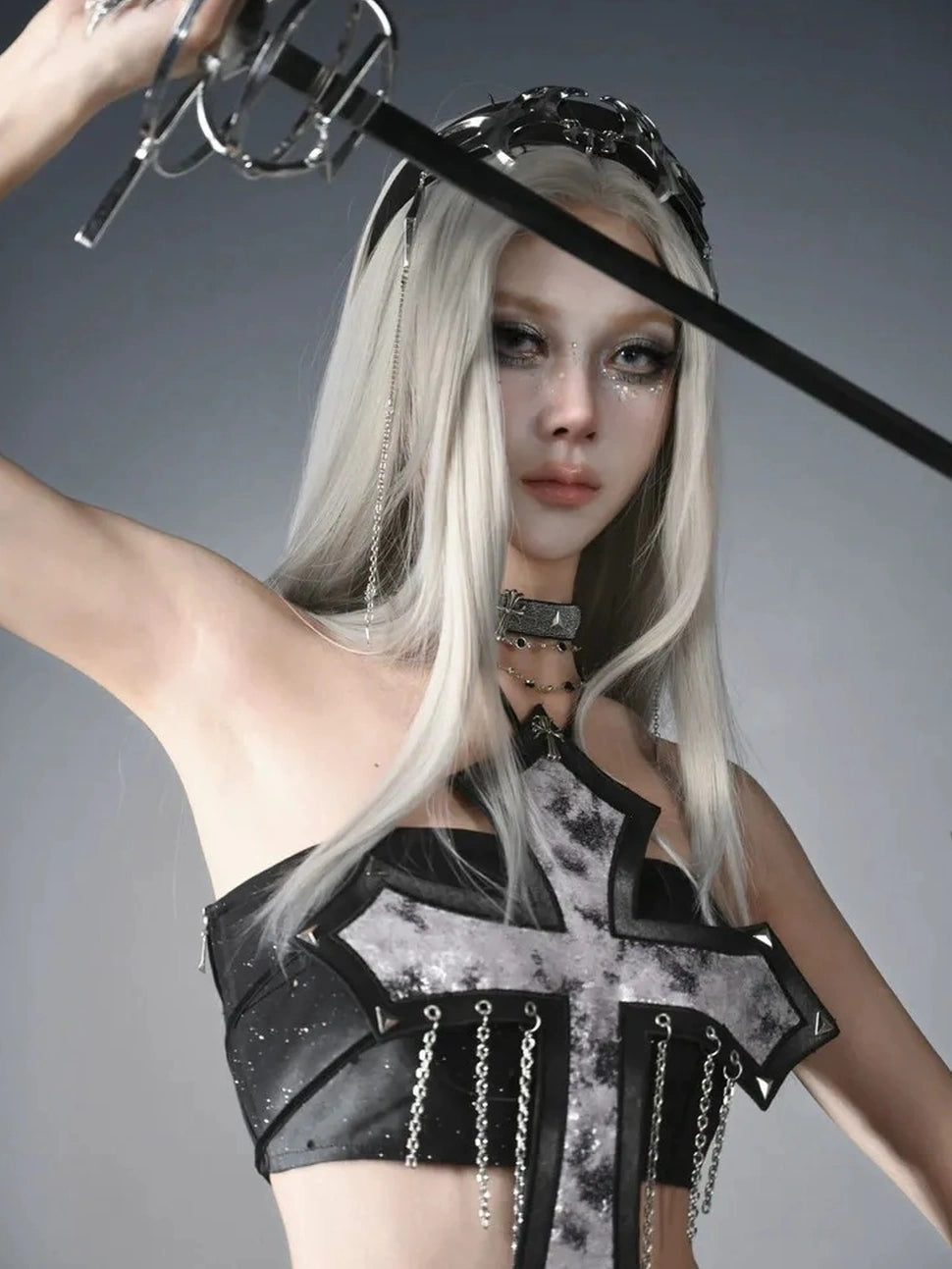 Virtual Orbit Future Y3 K Cross Studded Chain Glitter Crop Top
