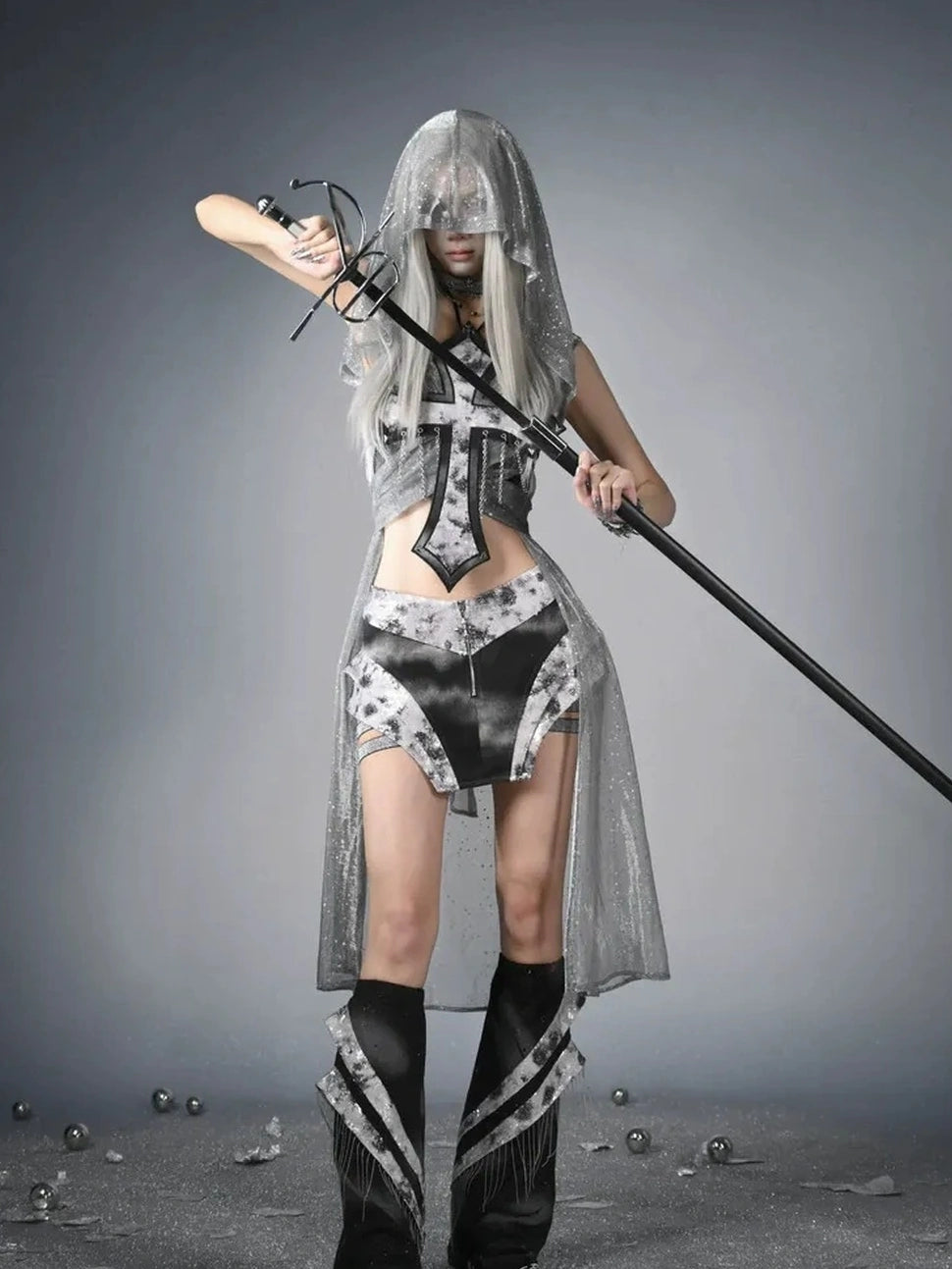 Virtual Orbit Future Y3 K Cross Studded Chain Glitter Crop Top