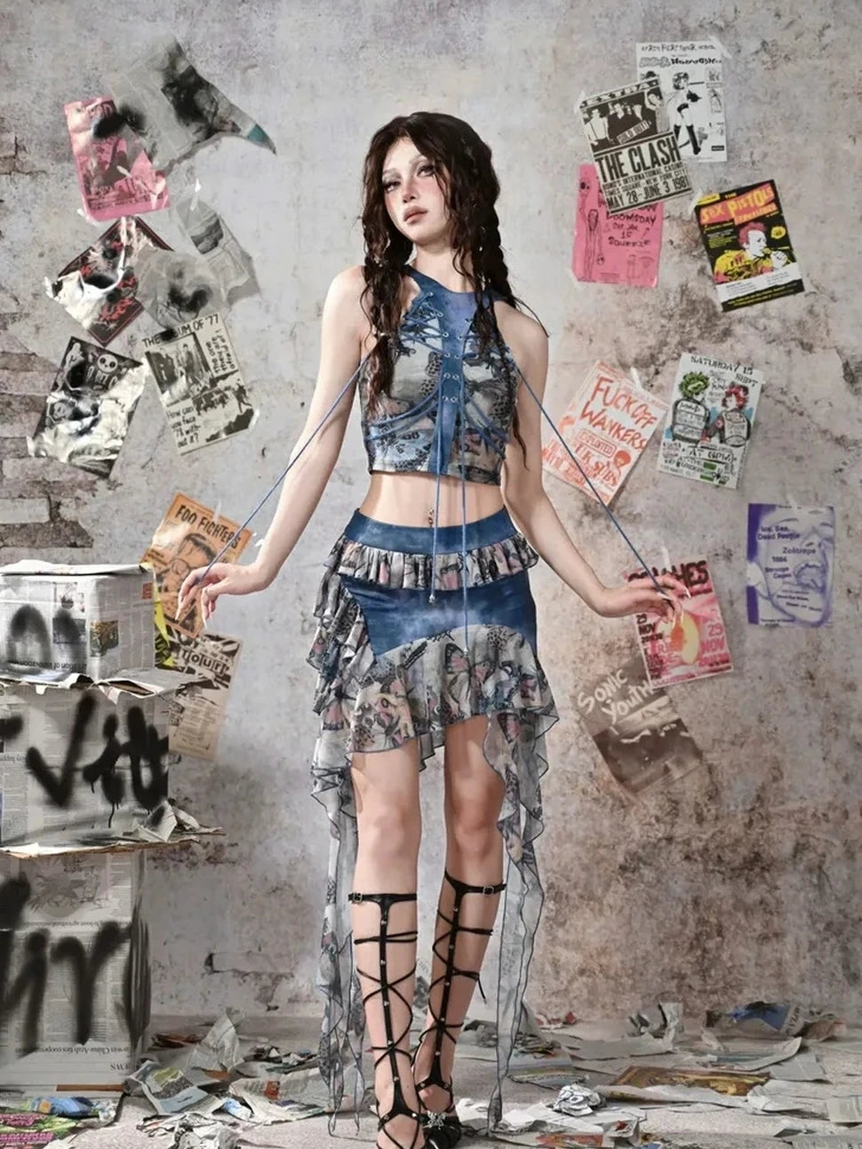 Virtual Orbit Glimmer Butterfly Y2K Asymmetrical Ruffle Pu Mini Skirt