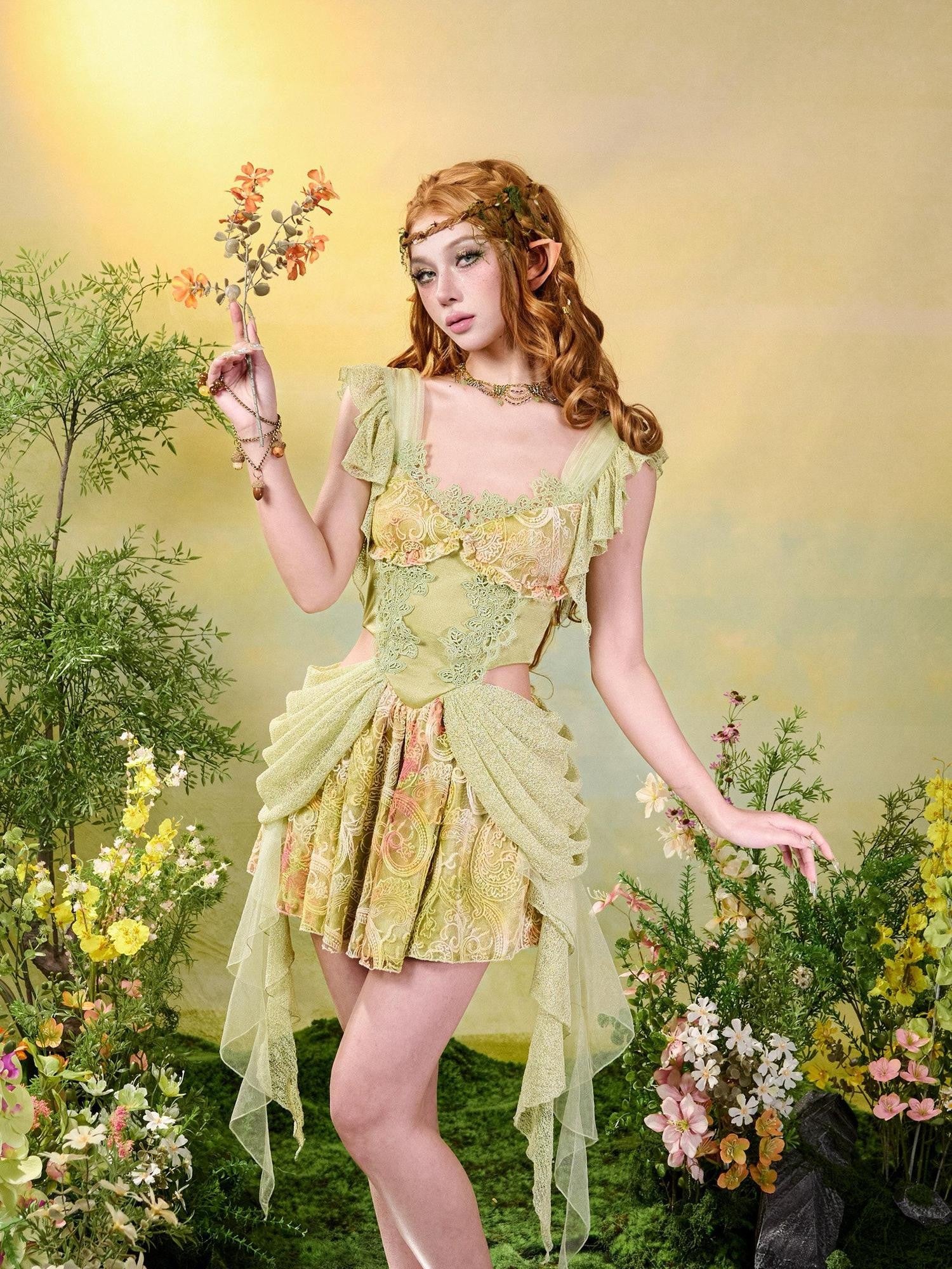 Virtual Orbit Green Lace Tassel Princess Exposed Waist Women&