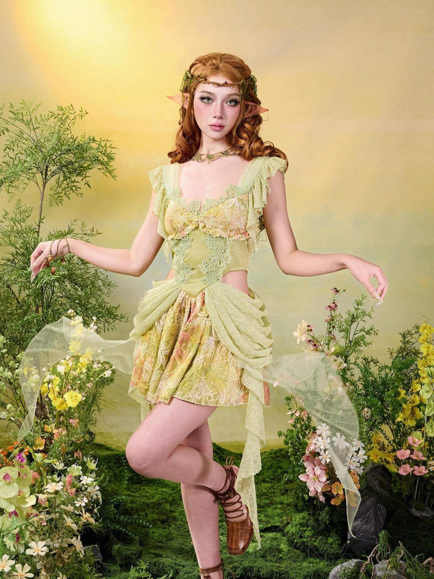Virtual Orbit Green Lace Tassel Princess Exposed Waist Women&