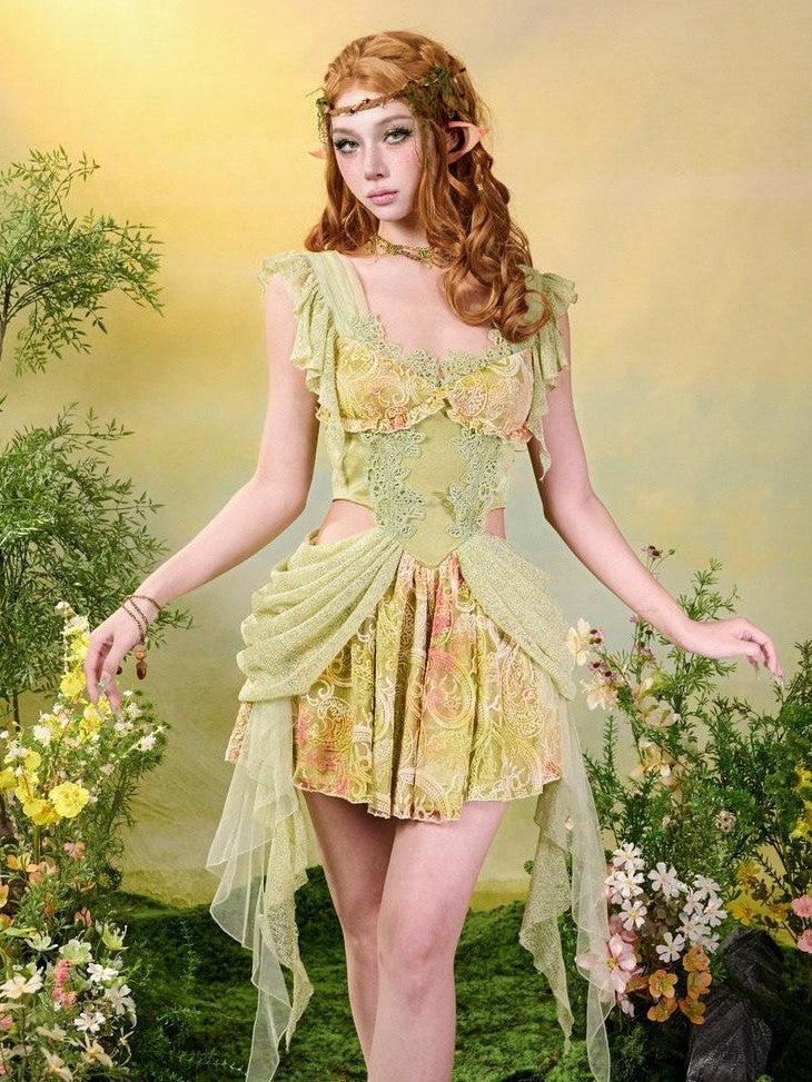 Virtual Orbit Green Lace Tassel Princess Exposed Waist Women&