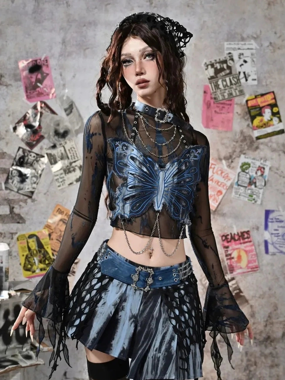 Virtual Orbit Grunge Fairy Y2K Low Waist Asymmetrical Pleated Skirt Set