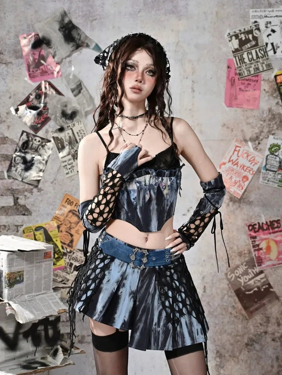 Virtual Orbit Grunge Fairy Y2K Low Waist Asymmetrical Pleated Skirt Set