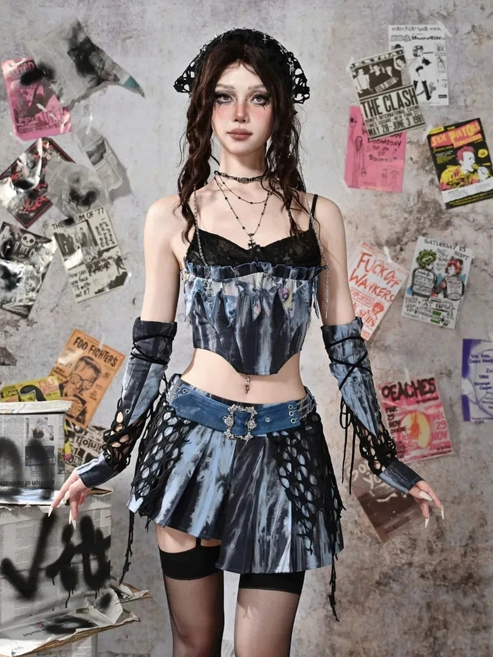 Virtual Orbit Grunge Fairy Y2K Low Waist Asymmetrical Pleated Skirt Set