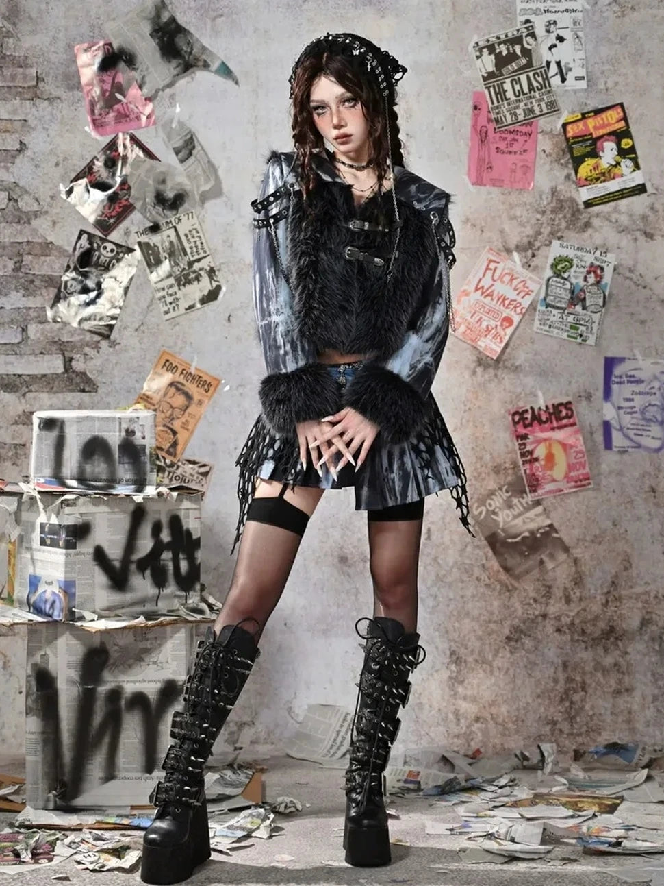 Virtual Orbit Grunge Fairy Y2k Patchwork Tie Dye Chain Punk Fur Coat