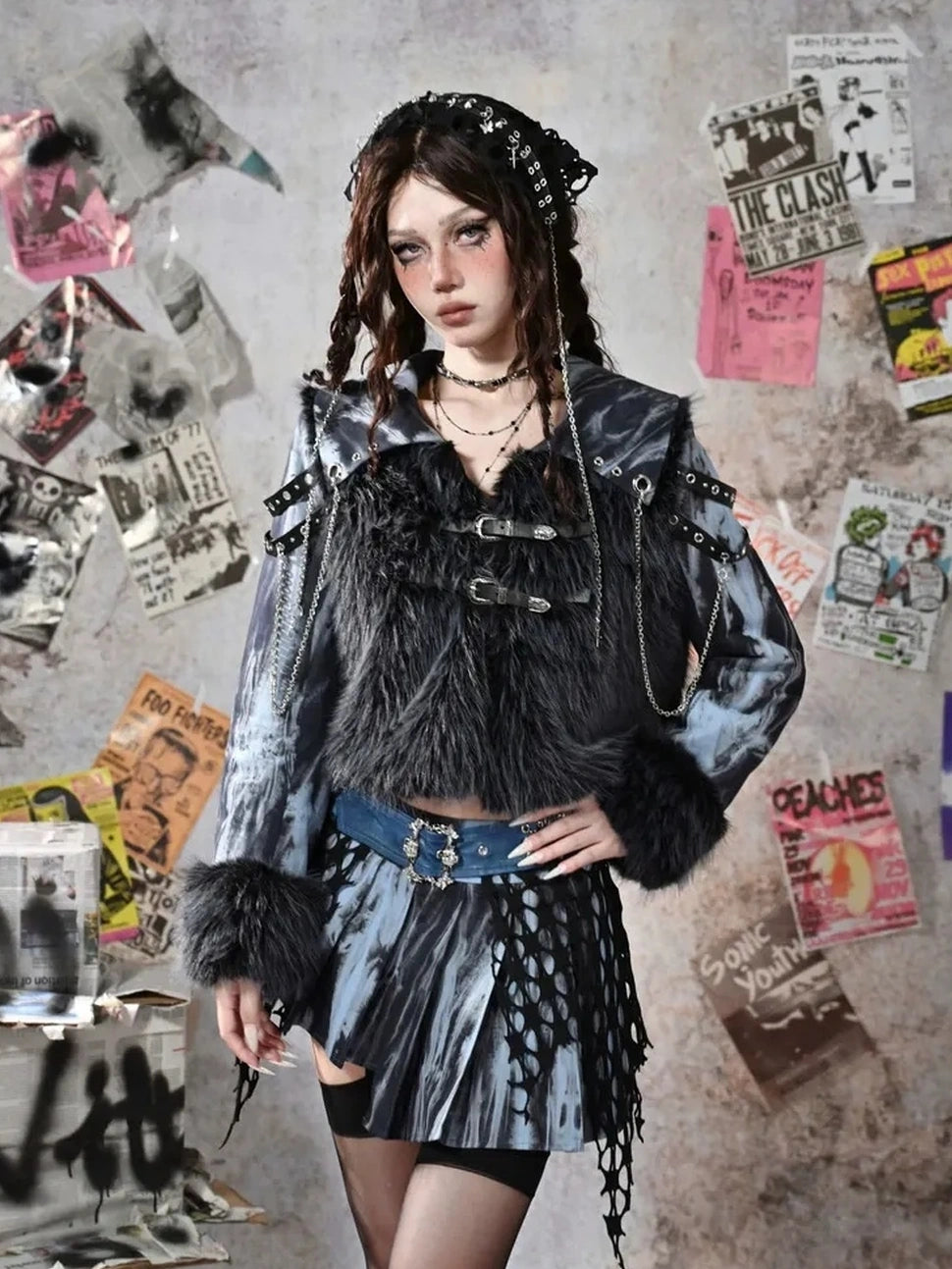 Virtual Orbit Grunge Fairy Y2k Patchwork Tie Dye Chain Punk Fur Coat