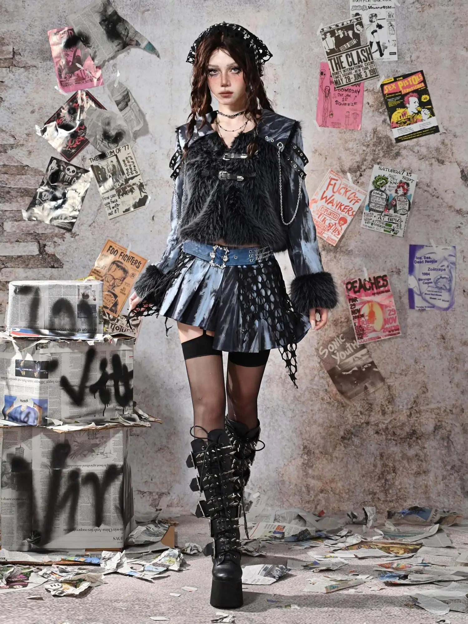 Virtual Orbit Grunge Fairy Y2k Patchwork Tie Dye Chain Punk Fur Coat