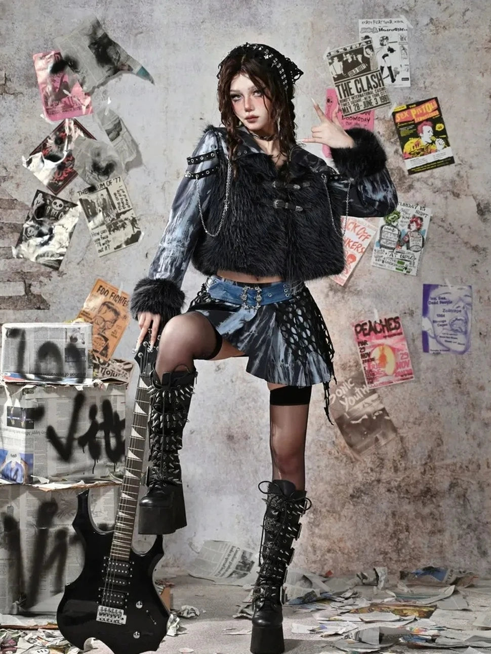 Virtual Orbit Grunge Fairy Y2k Patchwork Tie Dye Chain Punk Fur Coat