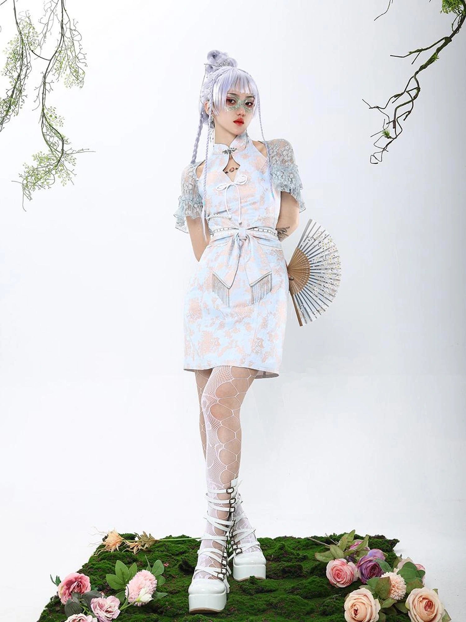 Virtual Orbit Hallucinatory Butterfly Lace Qipao Set