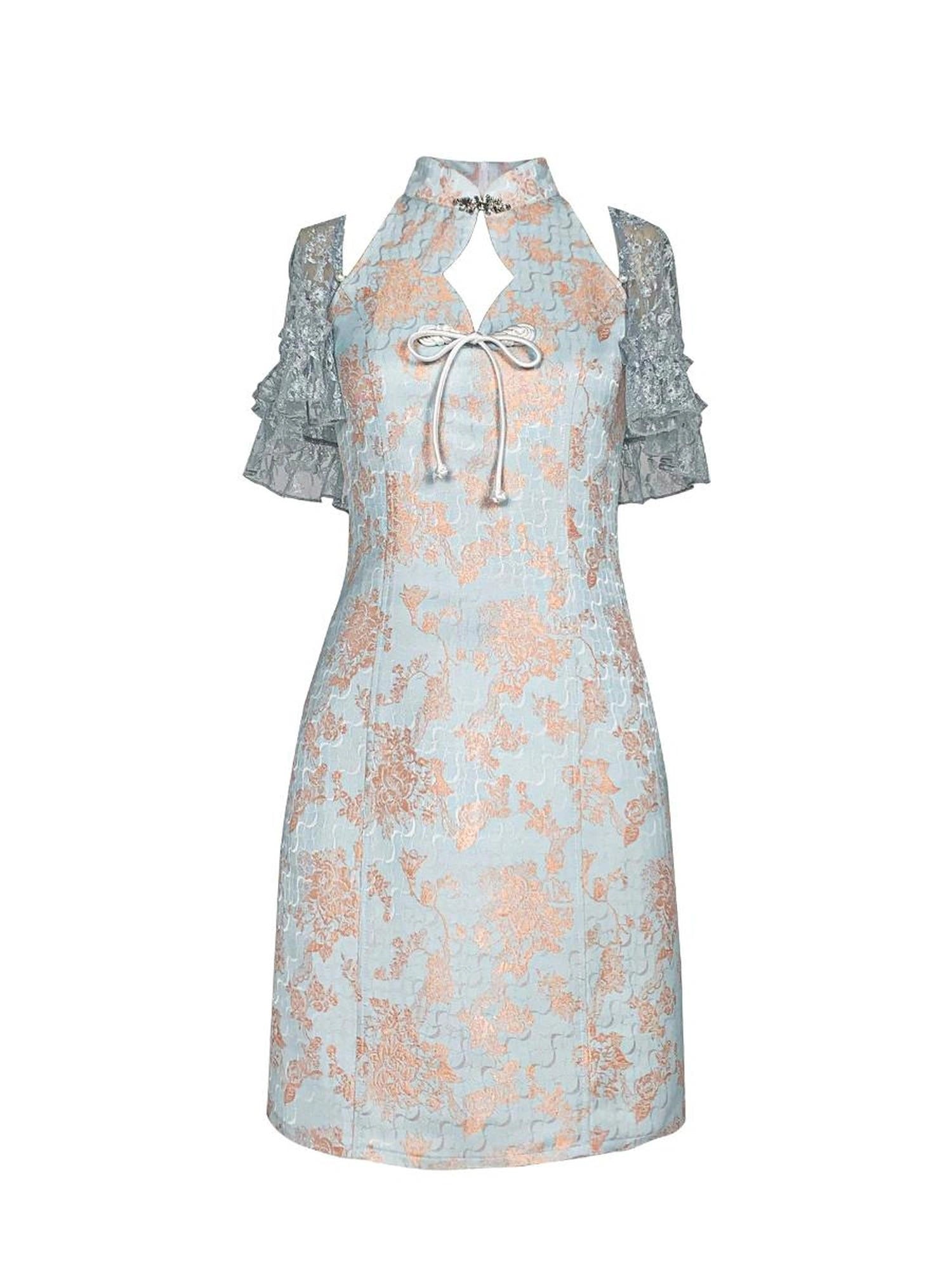 Virtual Orbit Hallucinatory Butterfly Lace Qipao Set