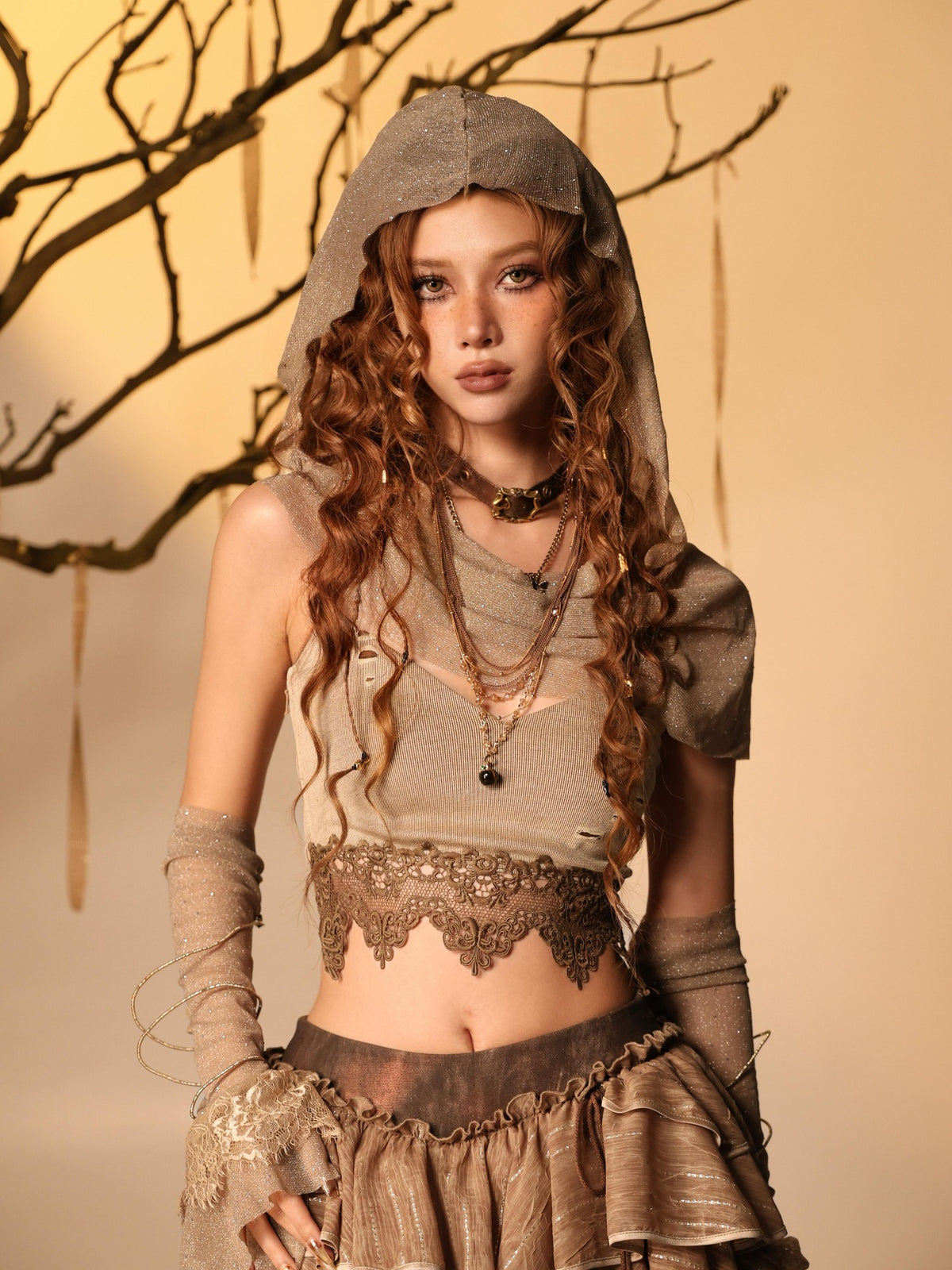Virtual Orbit Lace Cropped Cami Shimmer Hooded Sleeves Women&