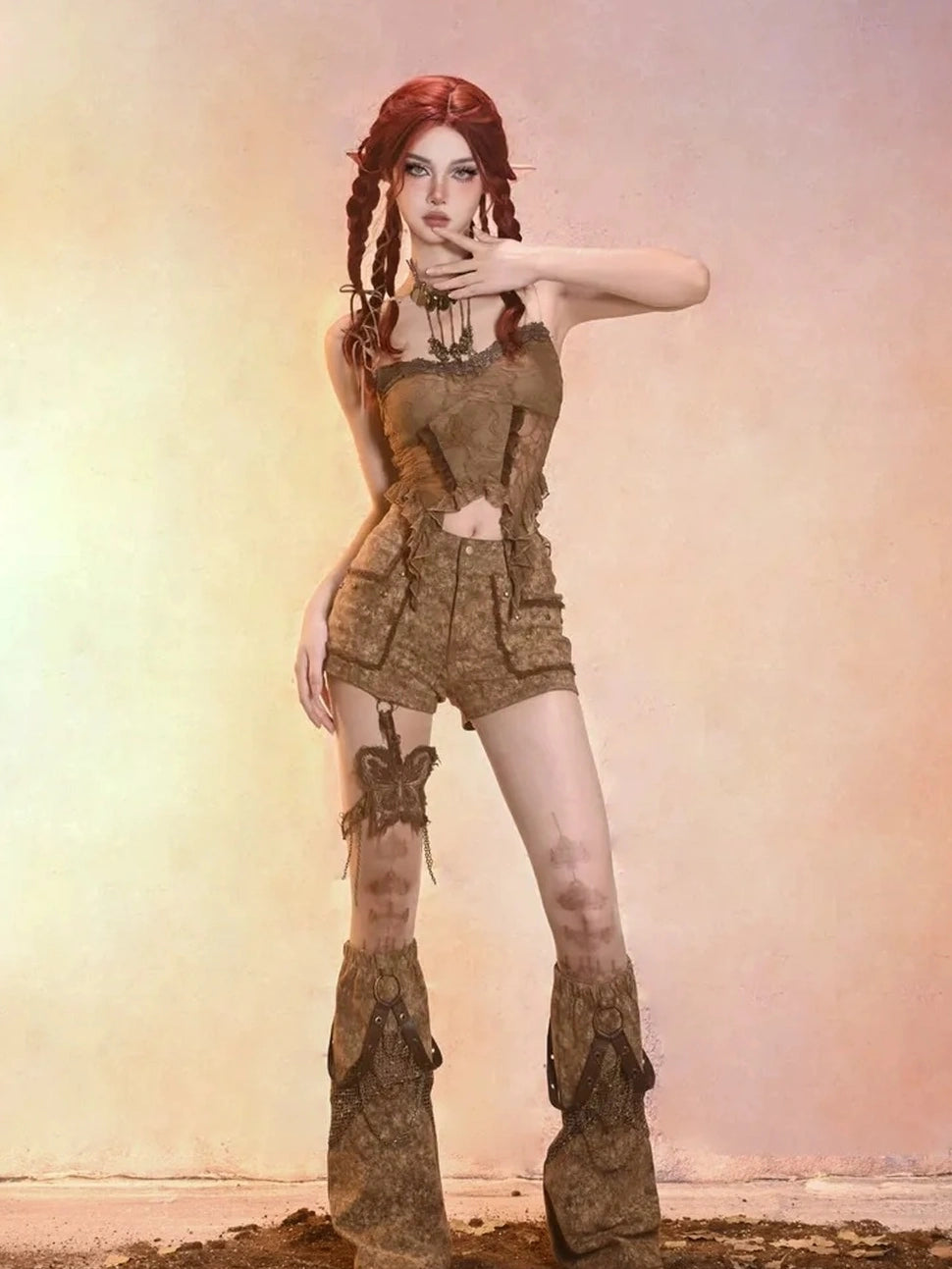 Virtual Orbit Post Apocalyptic Eroded Butterfly Denim Shorts
