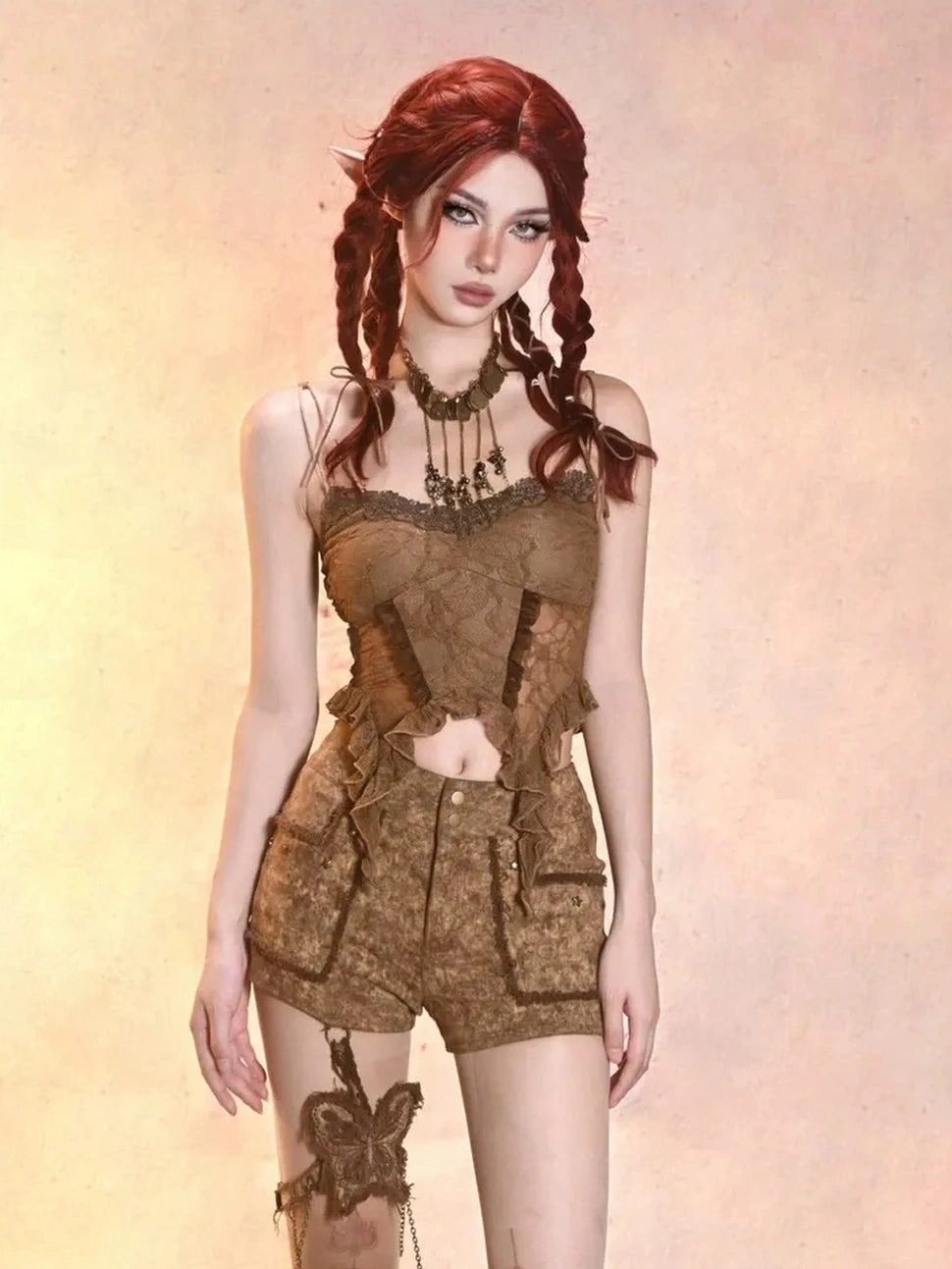 Virtual Orbit Post Apocalyptic Eroded Butterfly Denim Shorts