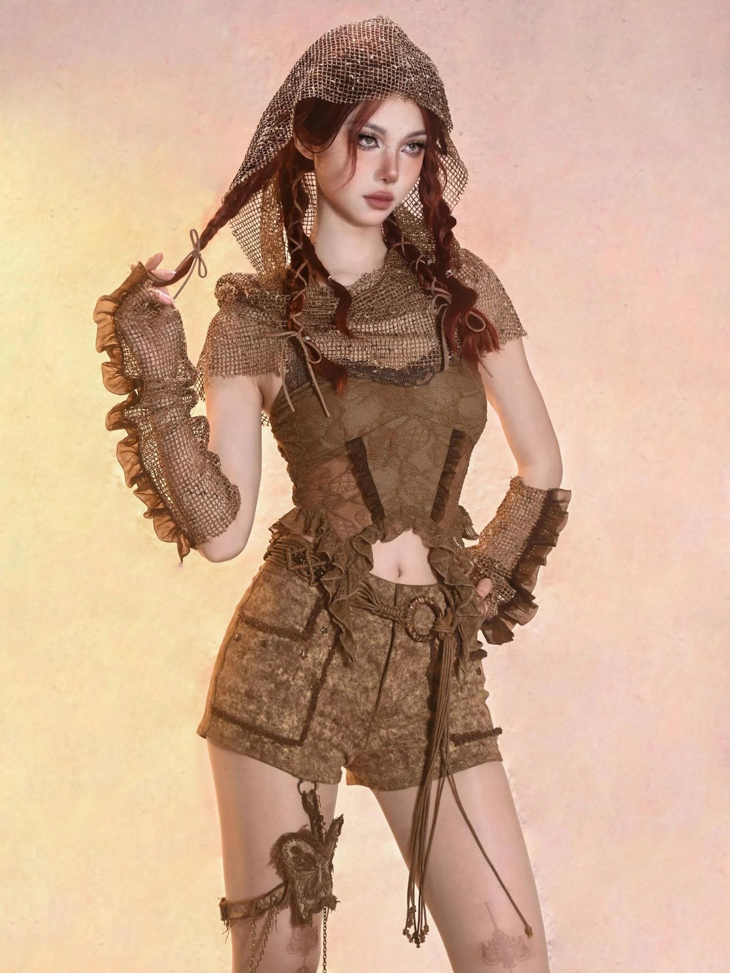 Virtual Orbit Post Apocalyptic Eroded Butterfly Denim Shorts